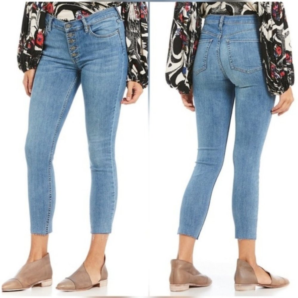 Free People Button Fly Jeans High Rise Skinny Crop Distressed Size 30 EUC